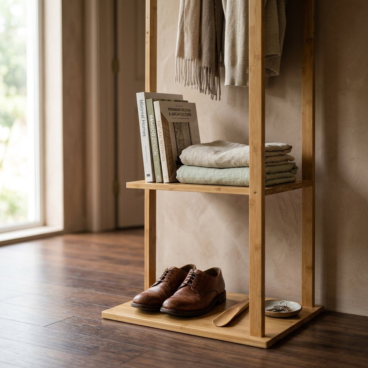 slim bamboo garment rack with two storage shelves