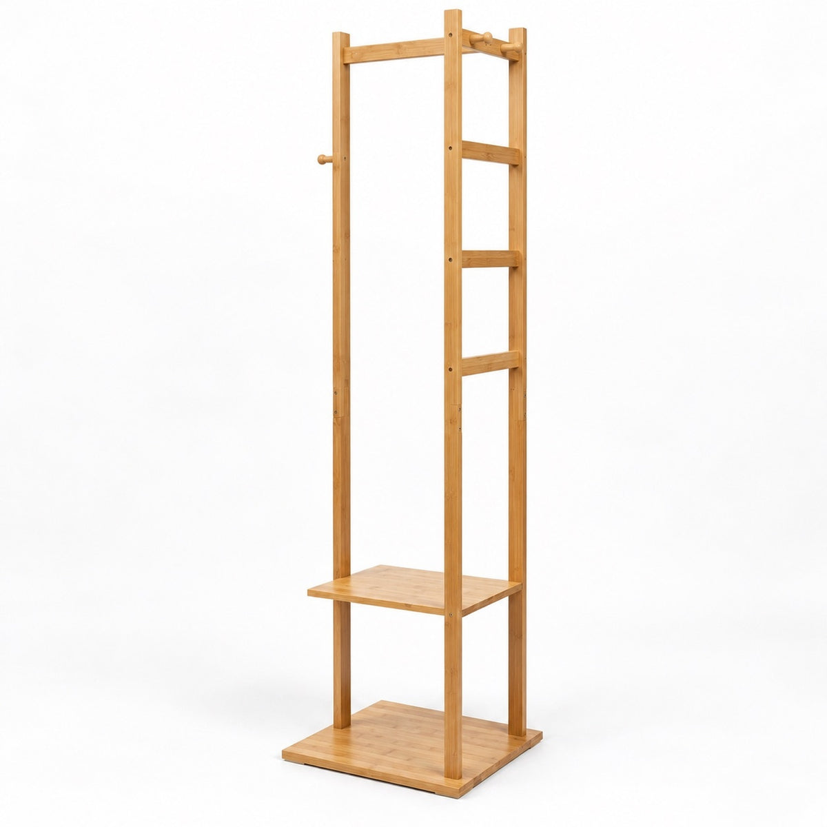slim bamboo garment rack with two storage shelves