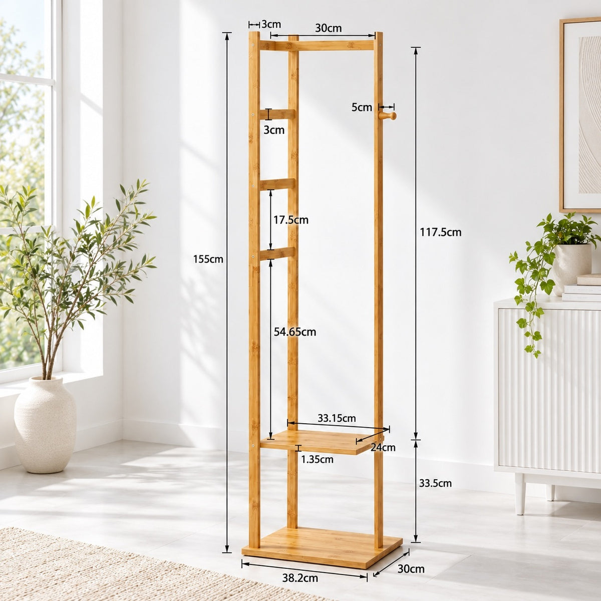 slim bamboo garment rack with two storage shelves