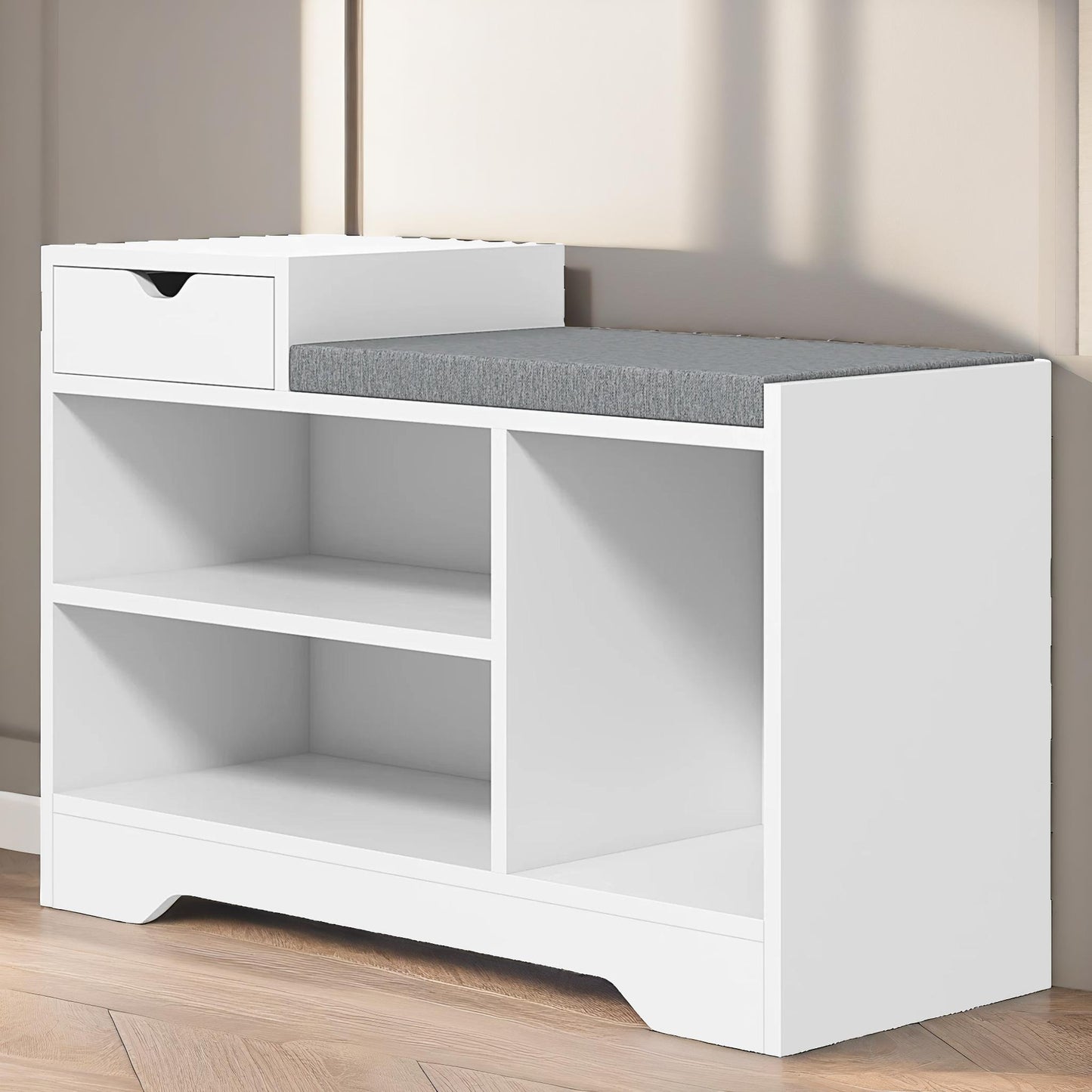 industrial shoe storage bench with 3 open shelves white