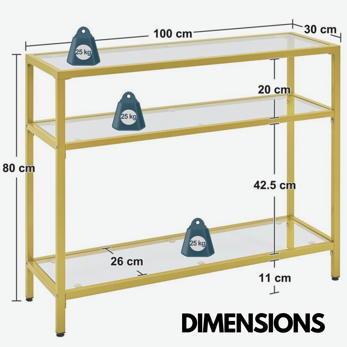 industrial hallway table with 3 tempered glass shelves