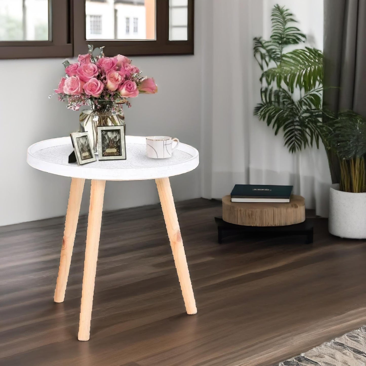 narrow side table with flower design