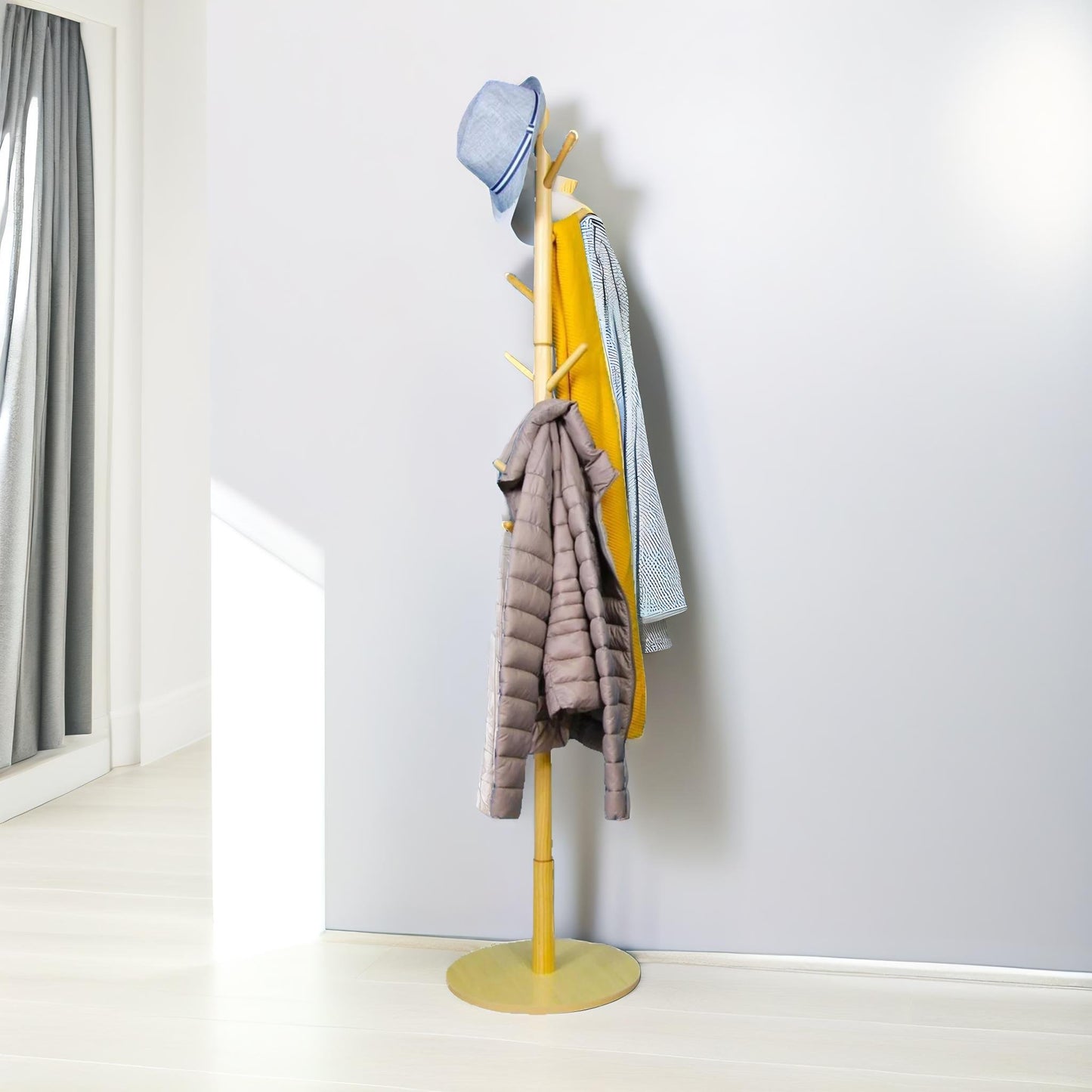 wooden coat stand with 8 hooks brown with round base