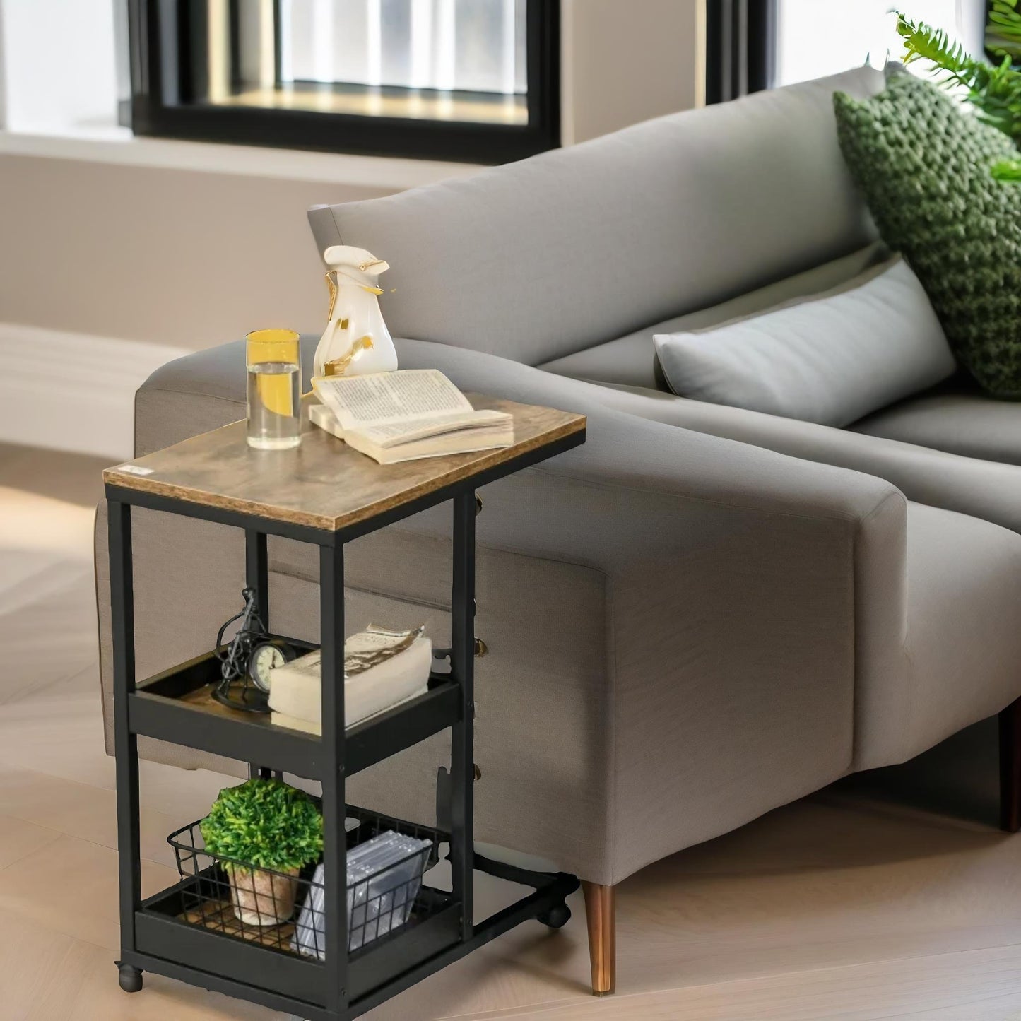 industrial c shaped side table 3-tier with wheels