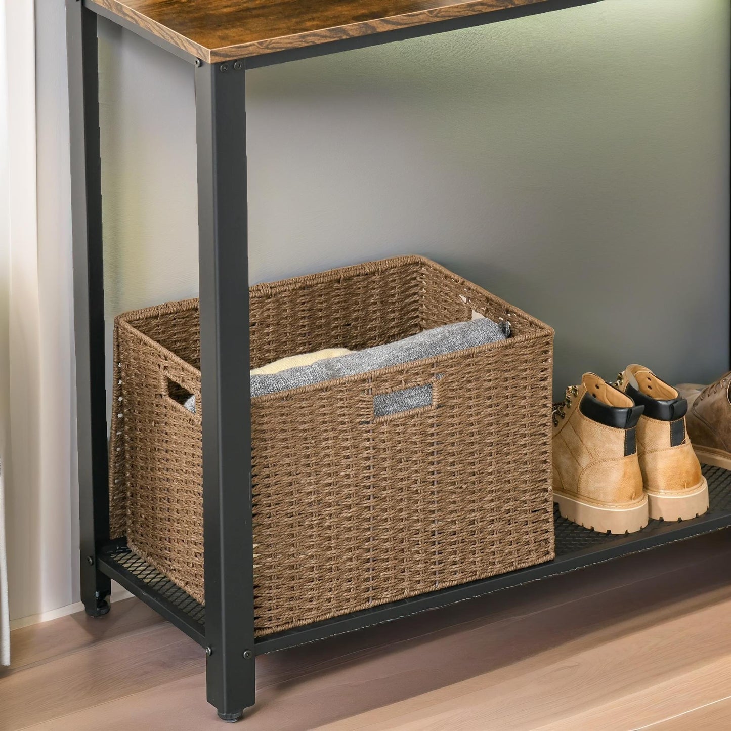 industrial rustic console table with 2 shelves