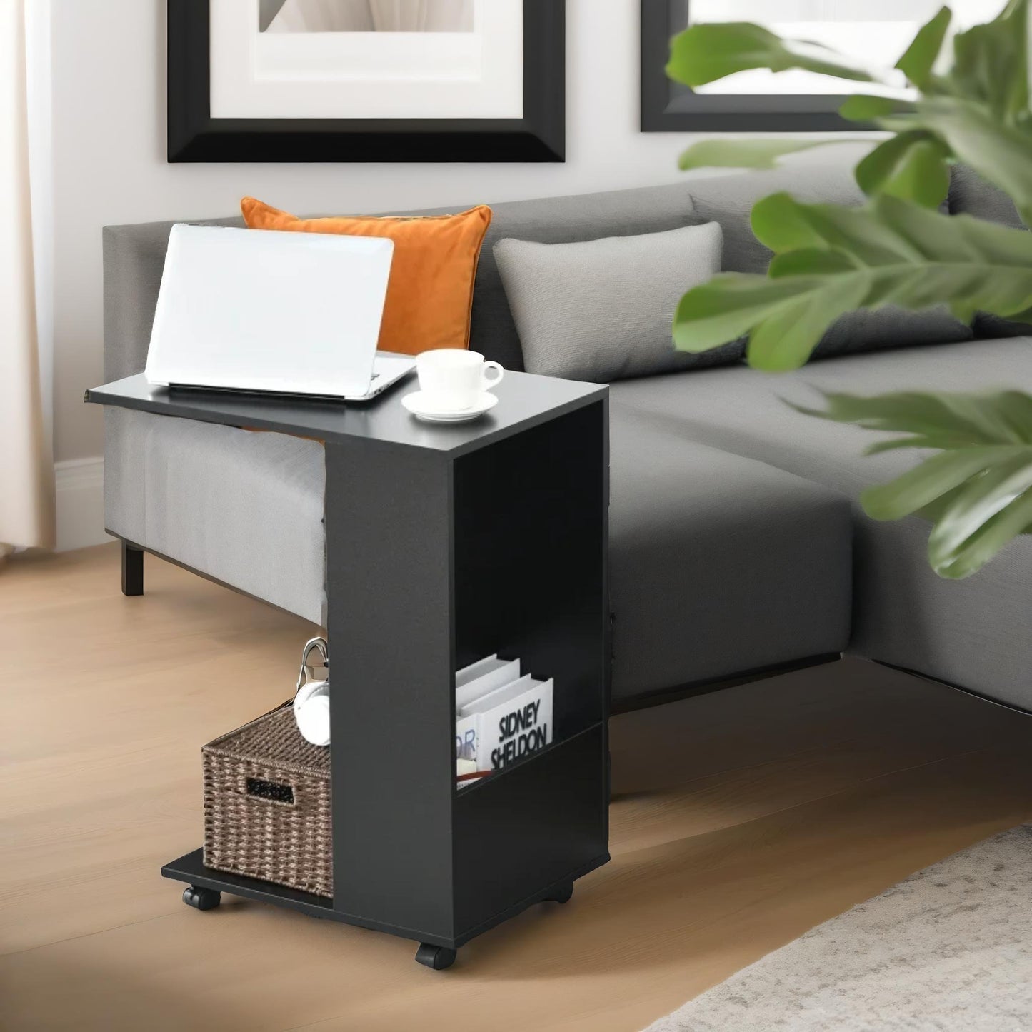 industrial black c shaped side table with storage & wheels