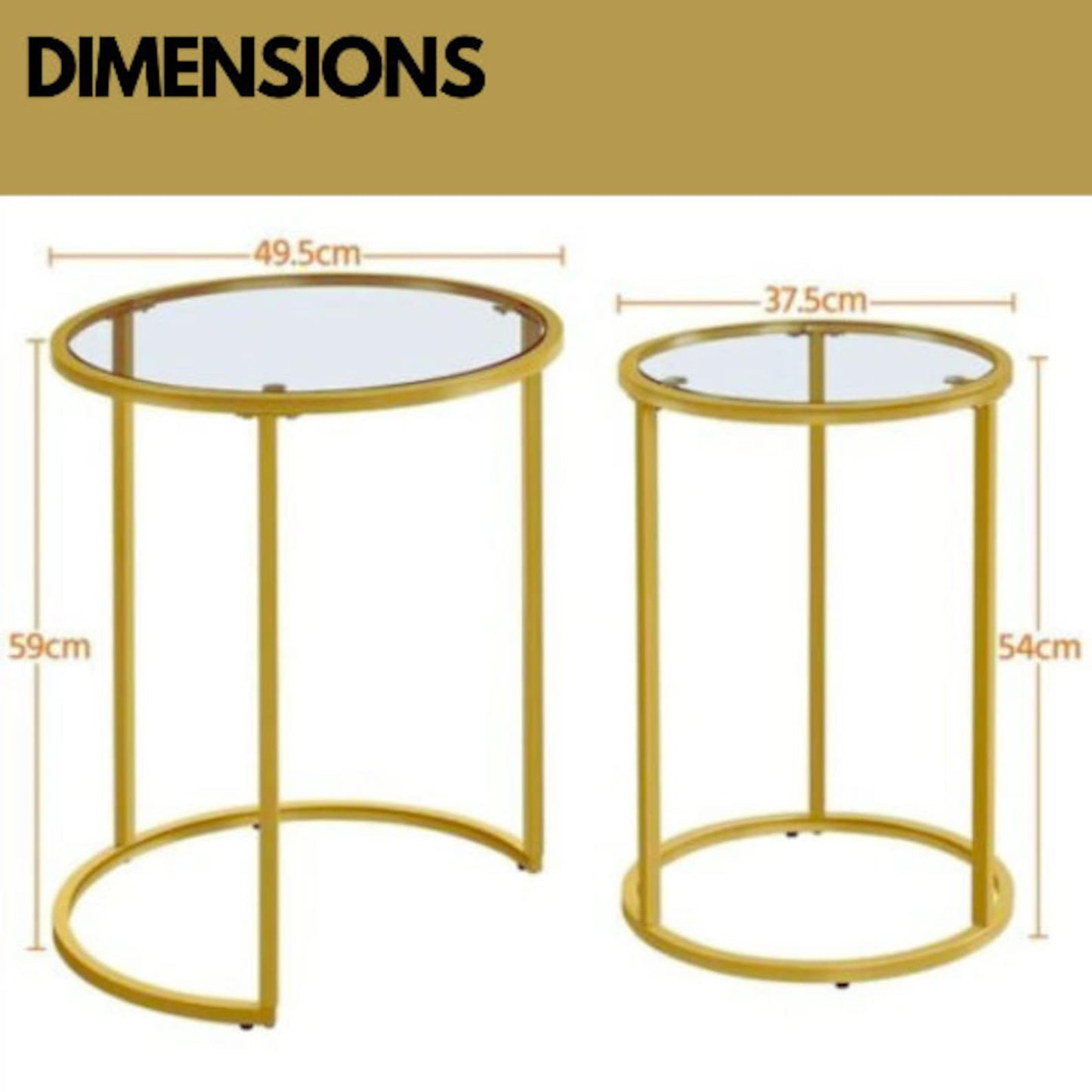 set of 2 round gold nesting tables with tempered glass