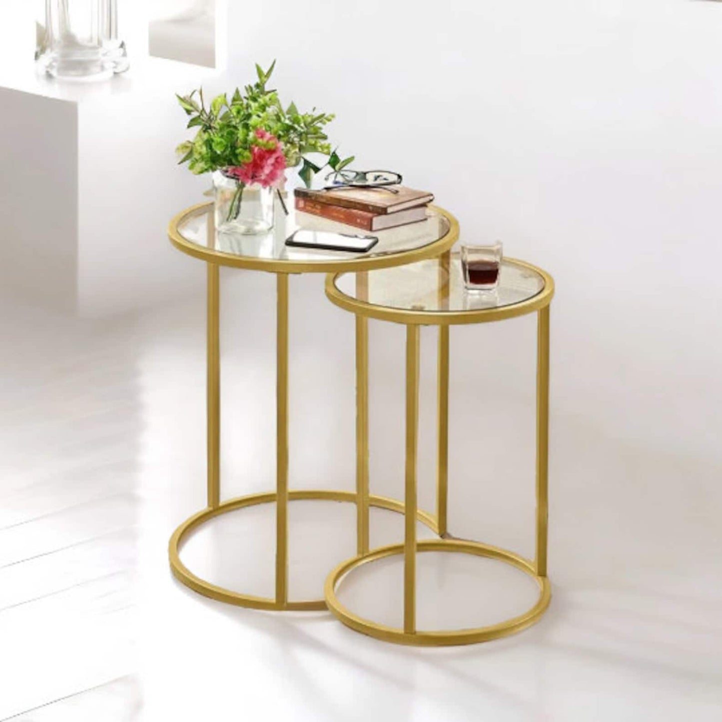 set of 2 round gold nesting tables with tempered glass