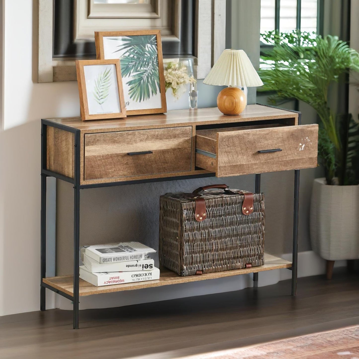 industrial console table with 2 drawers