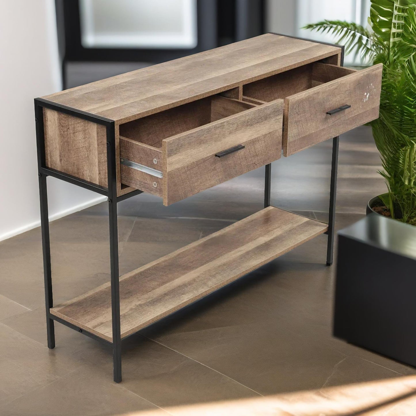 industrial console table with 2 drawers