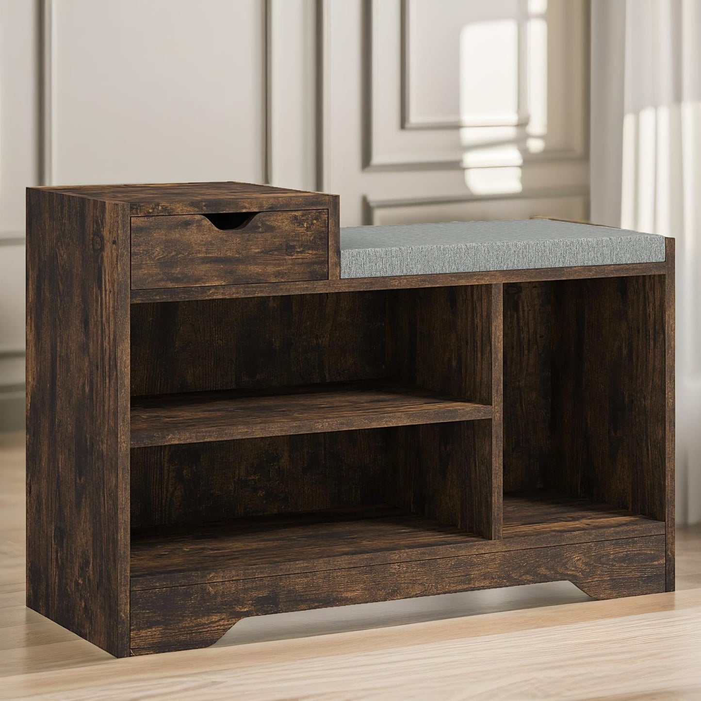 industrial shoe storage bench with 3 open shelves rustic brown