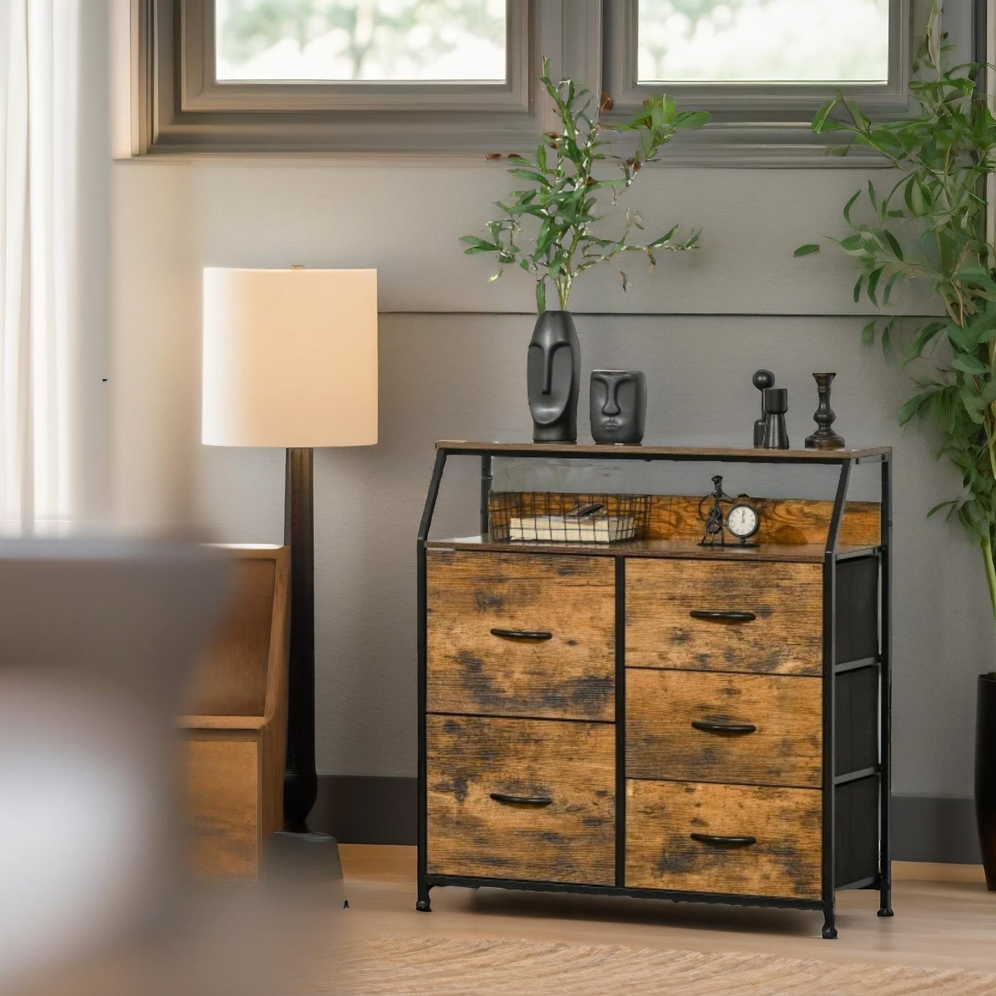 industrial rustic brown chest with 5 fabric drawers