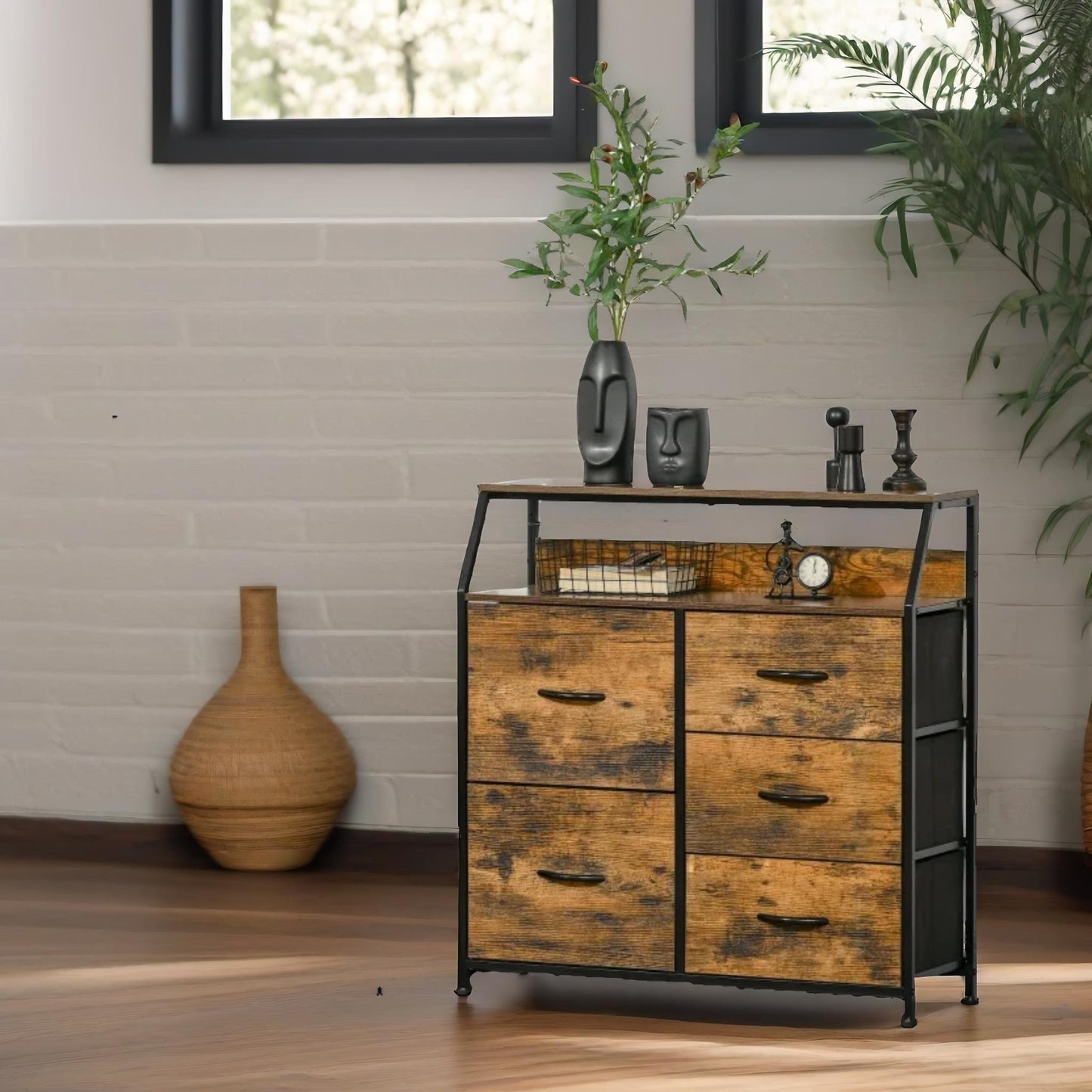 industrial rustic brown chest with 5 fabric drawers