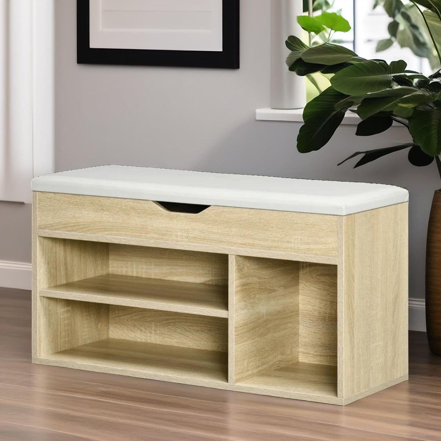 industrial shoe storage bench with cushion seat oak