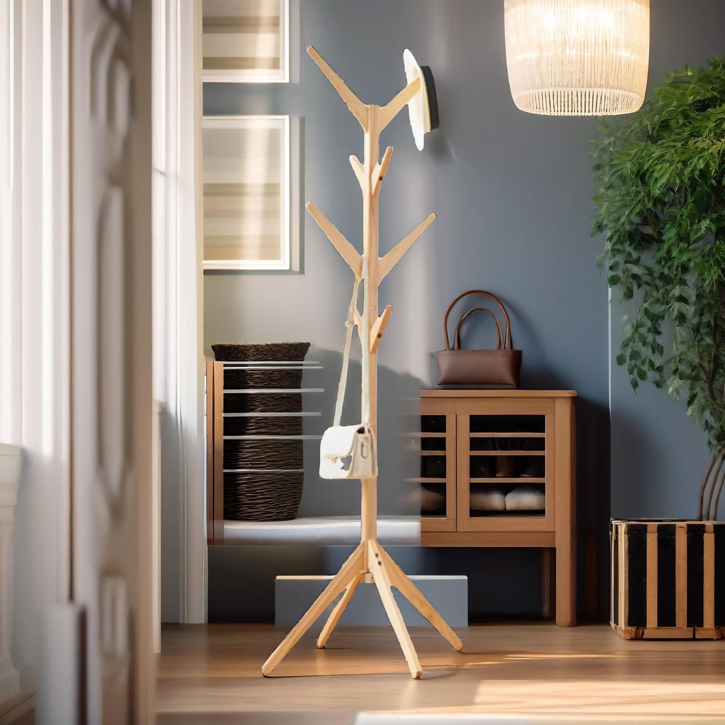 wooden coat stand with 8 hooks brown