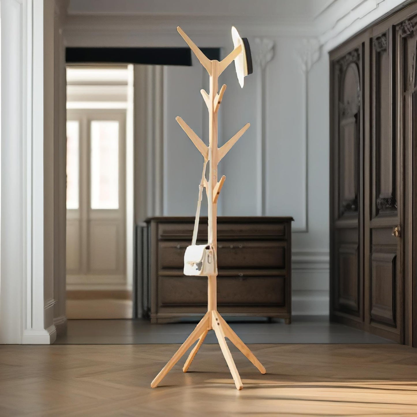 wooden coat stand with 8 hooks brown