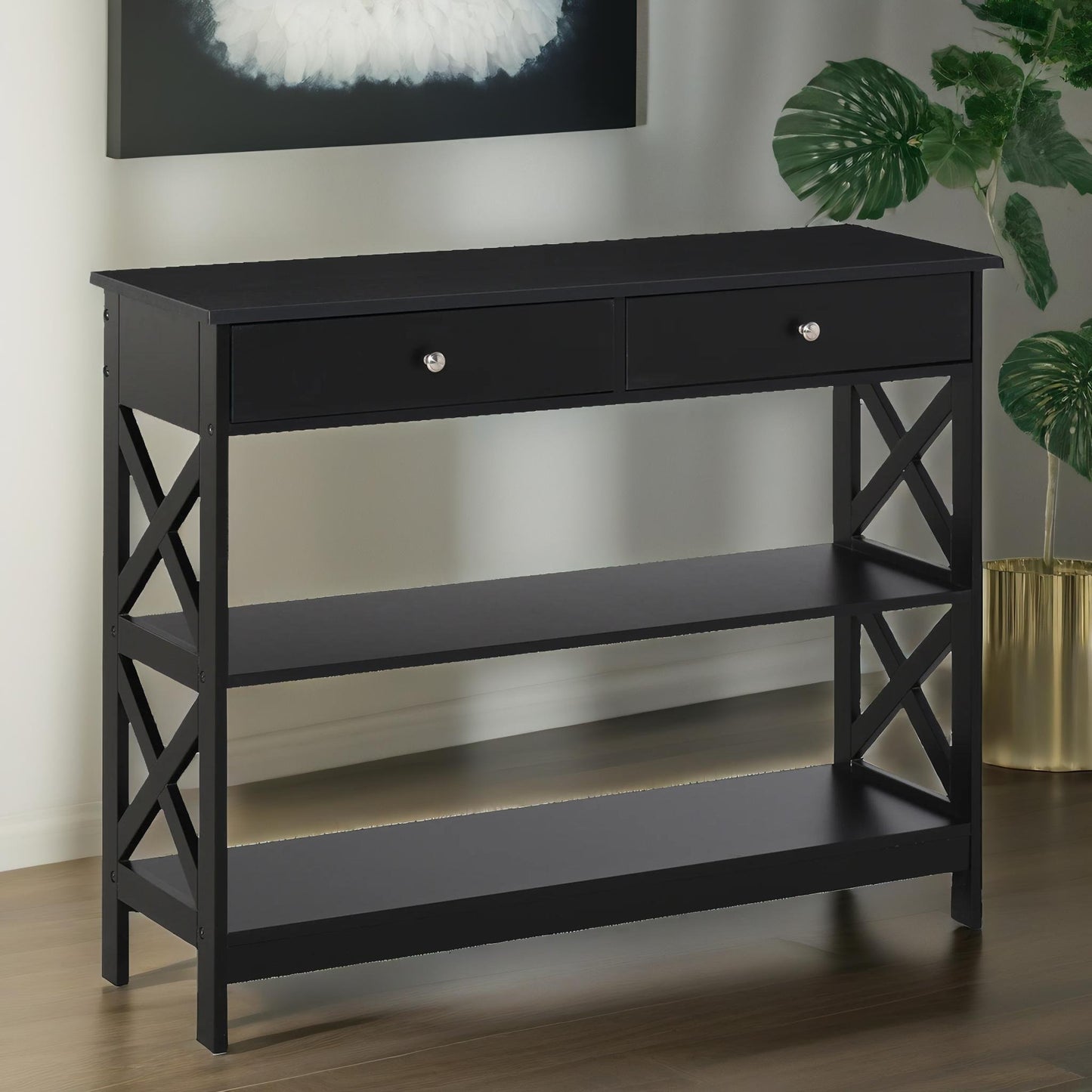 3 tier console table with 2 drawers black