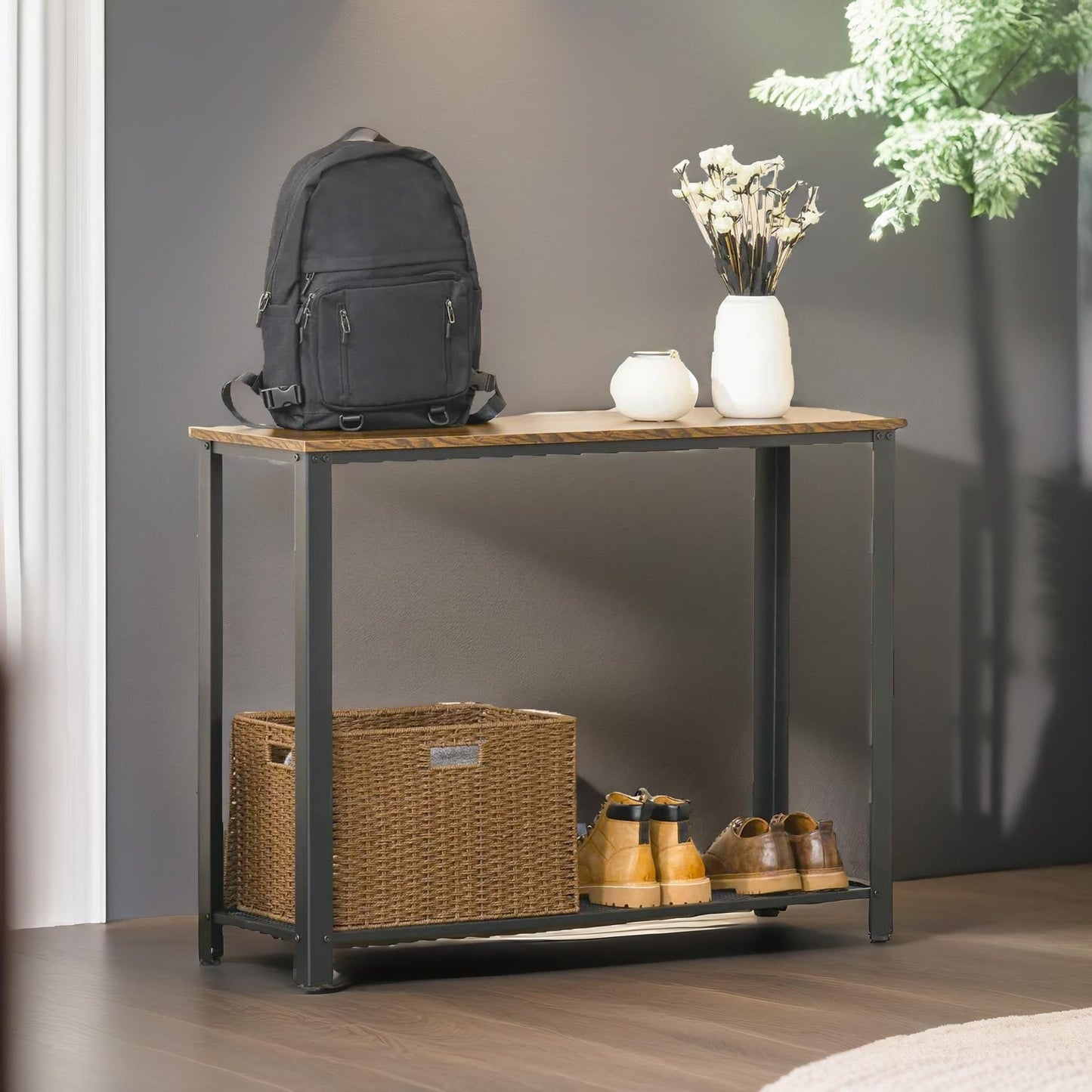 industrial rustic console table with 2 shelves