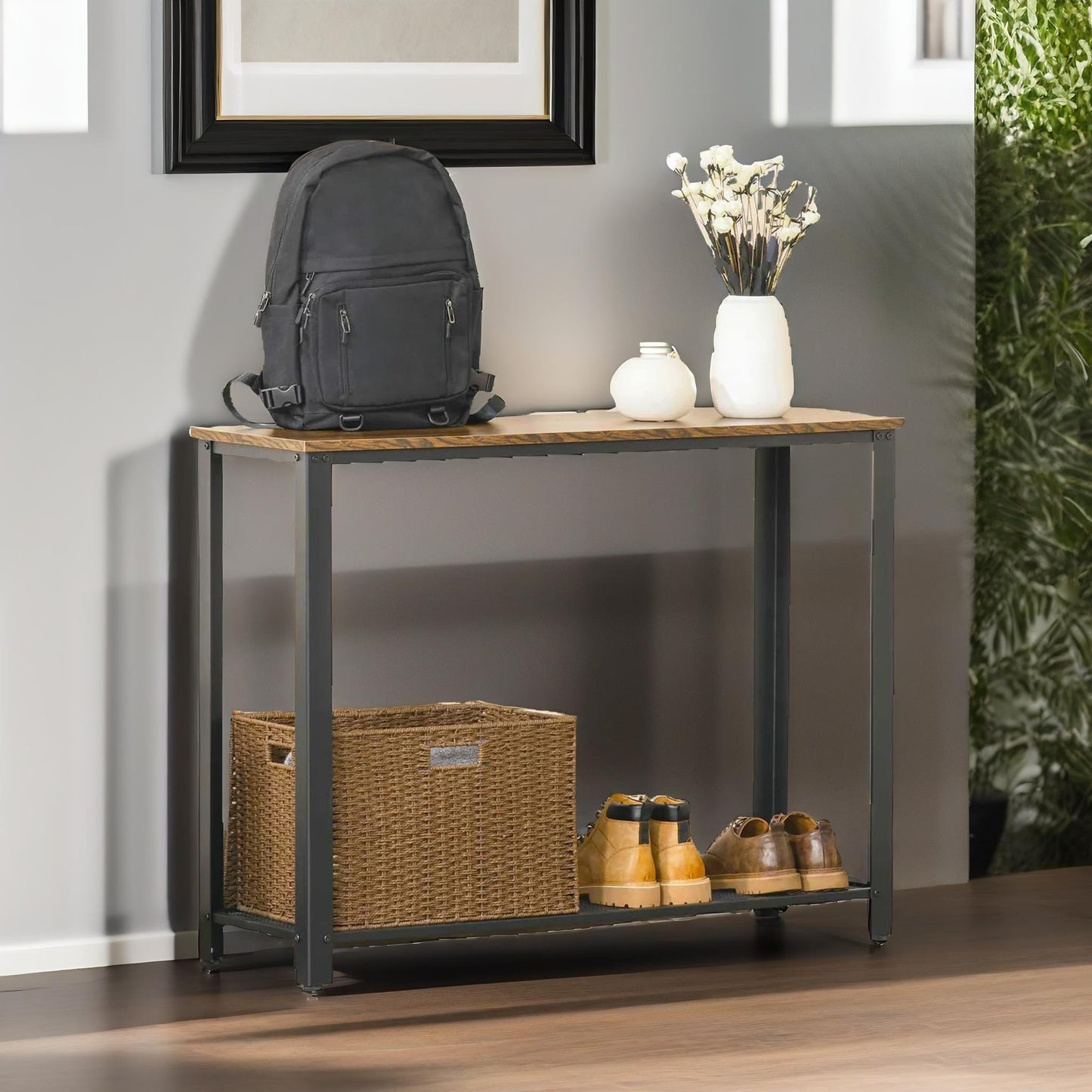 industrial rustic console table with 2 shelves