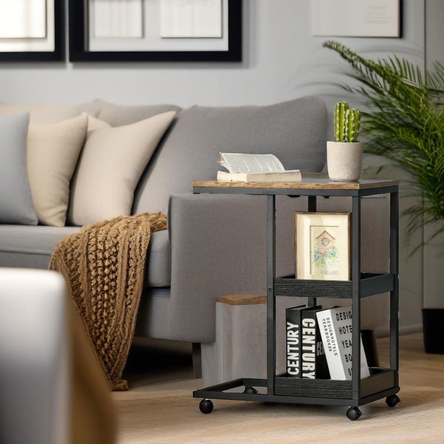 industrial c shaped side table 3-tier with wheels