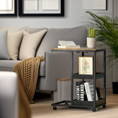 Industrial C Shaped Side Table 3-Tier With Wheels