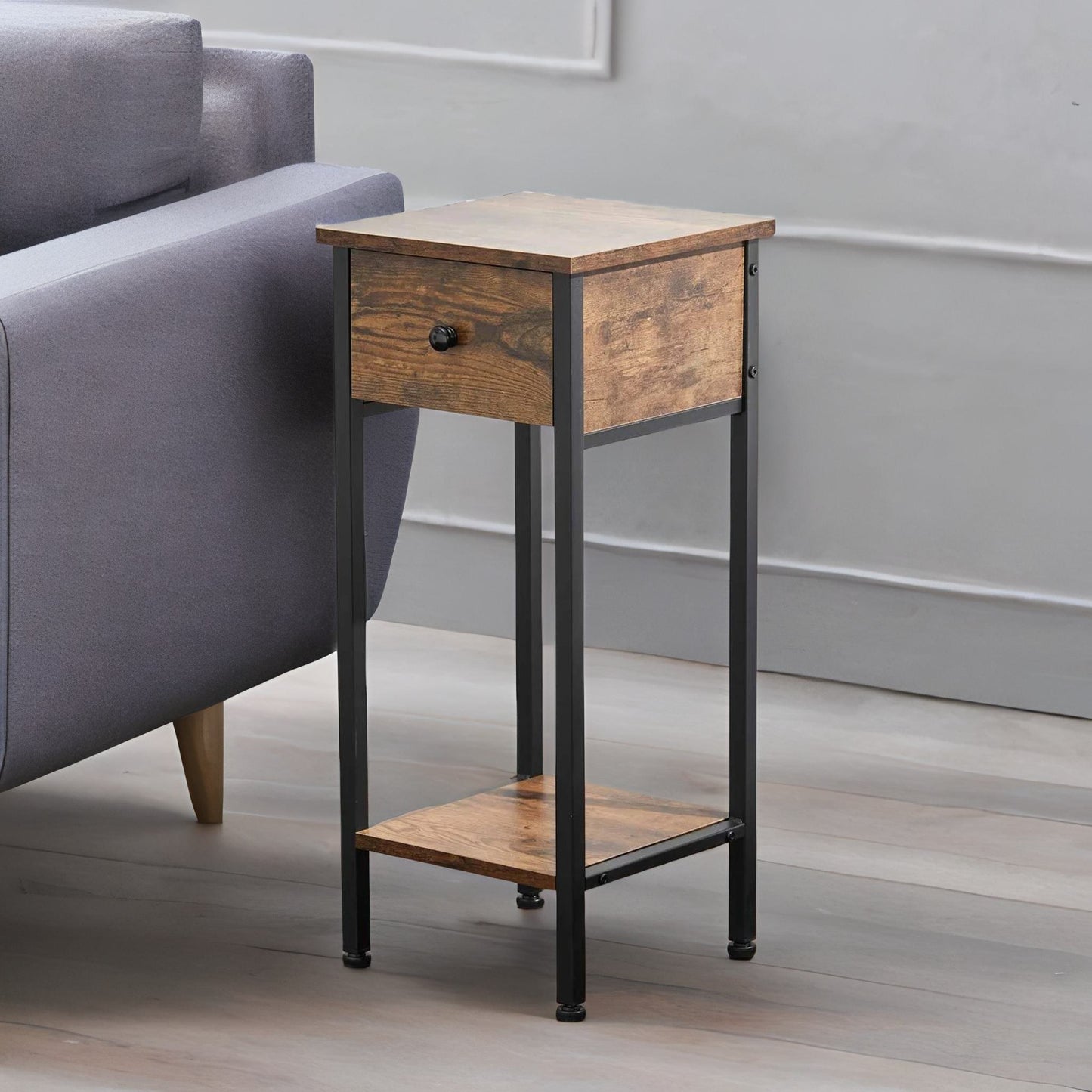 industrial narrow bedside table with drawer