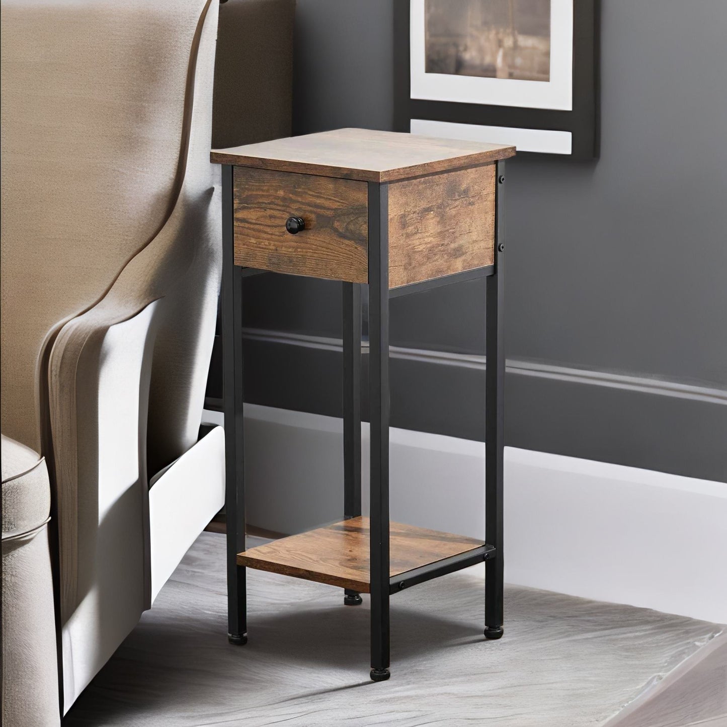 industrial narrow bedside table with drawer