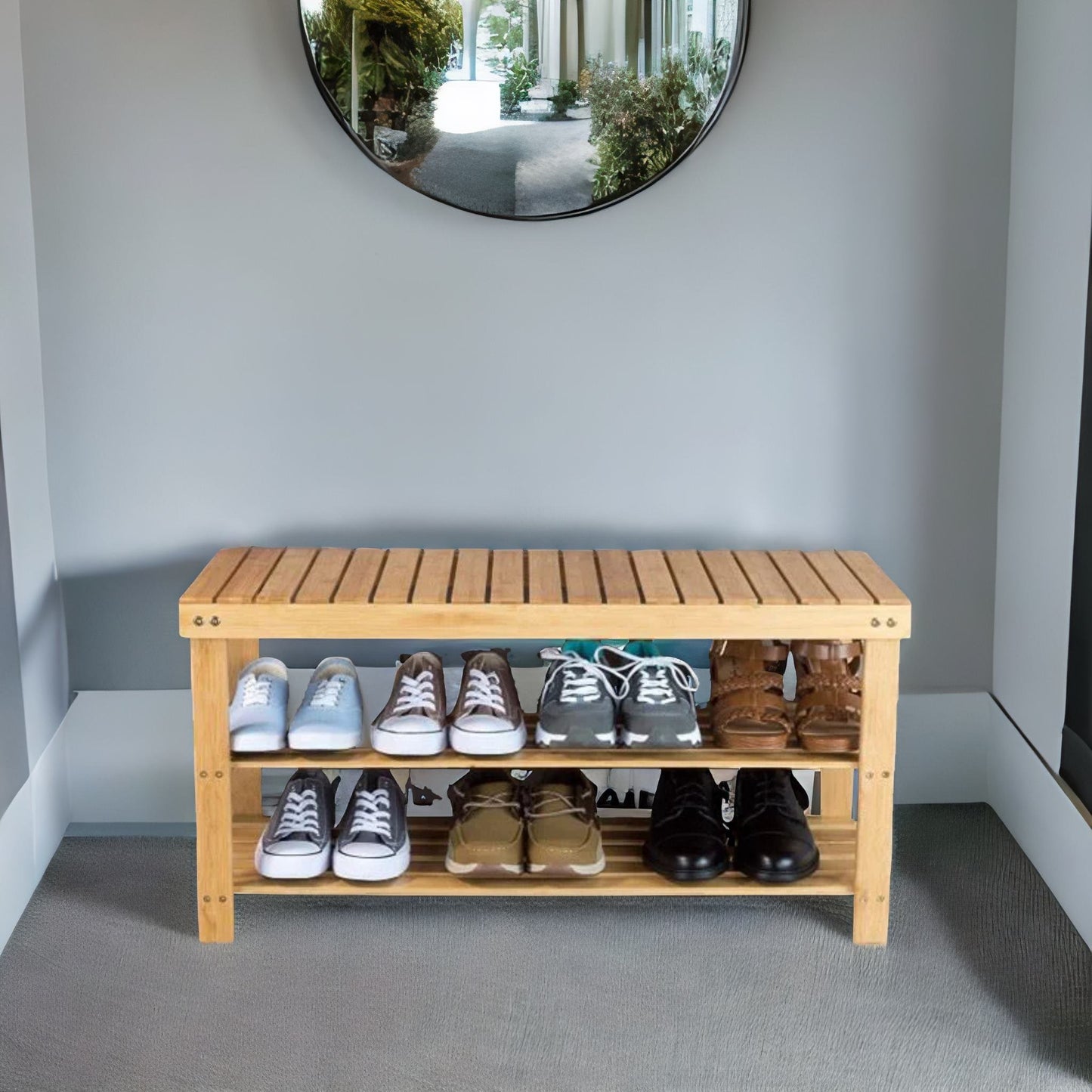 bamboo 2 tier shoe storage bench