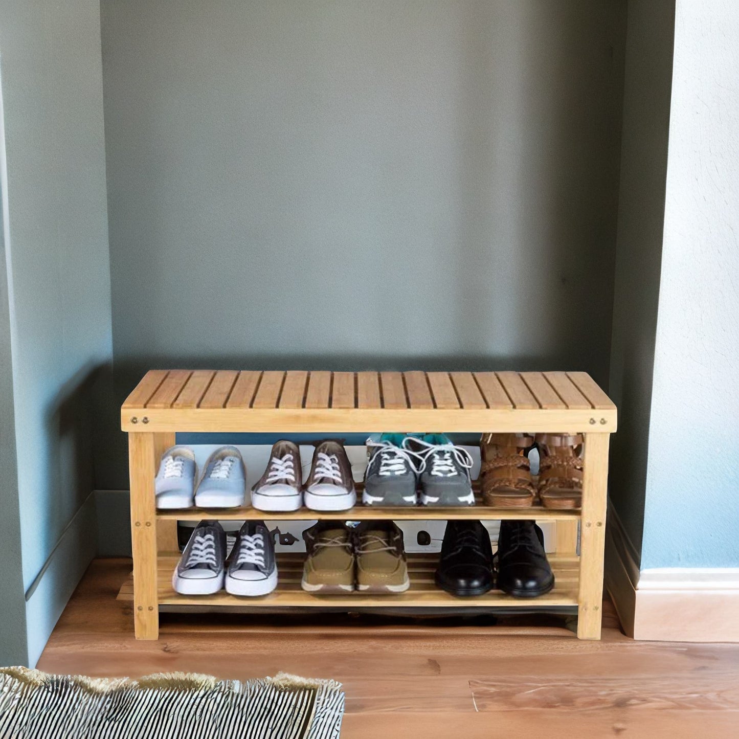 bamboo 2 tier shoe storage bench