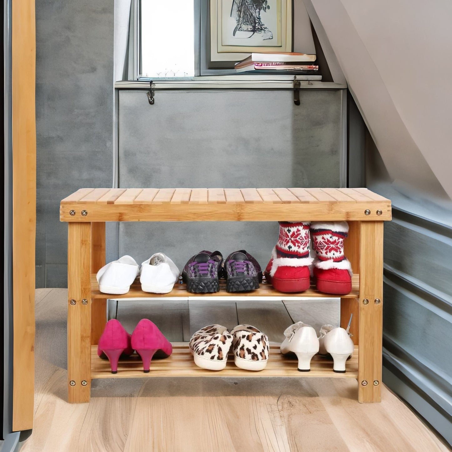 bamboo 2 tier shoe storage bench