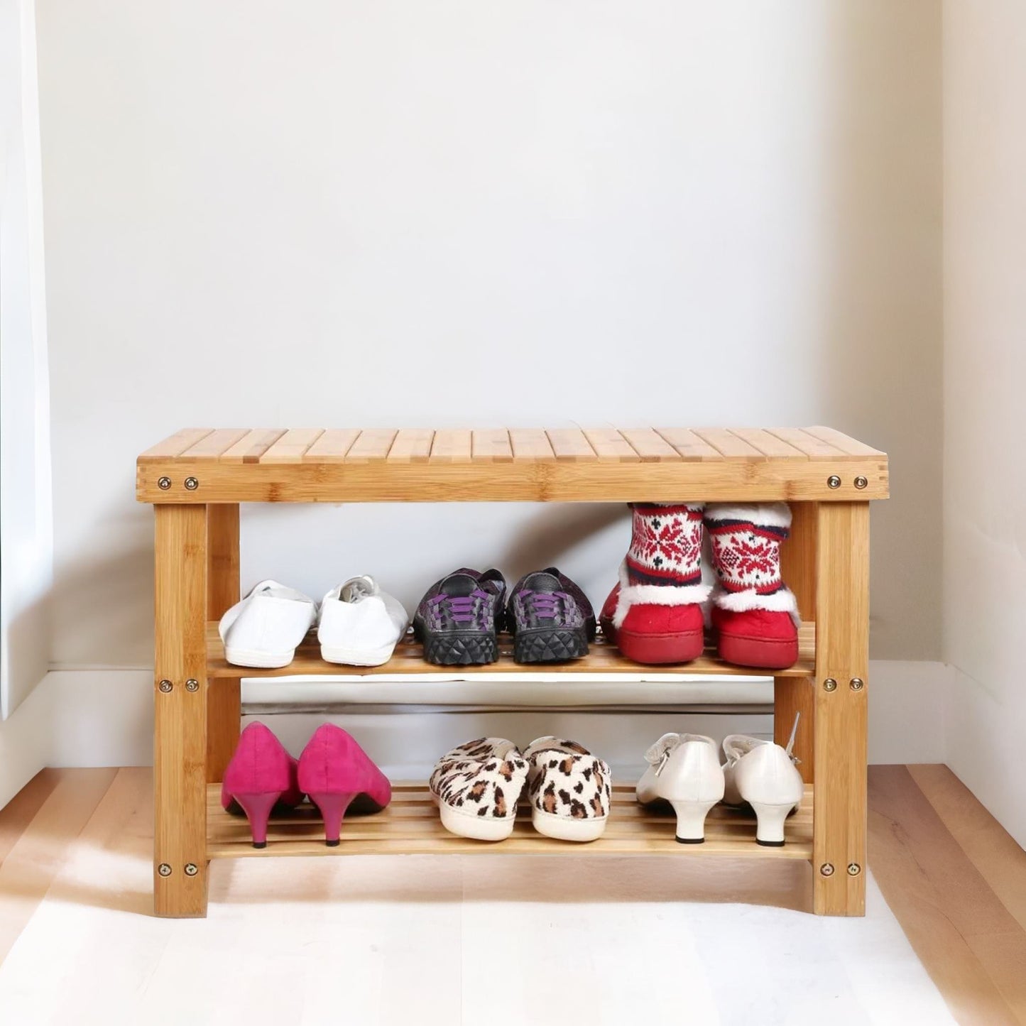 bamboo 2 tier shoe storage bench