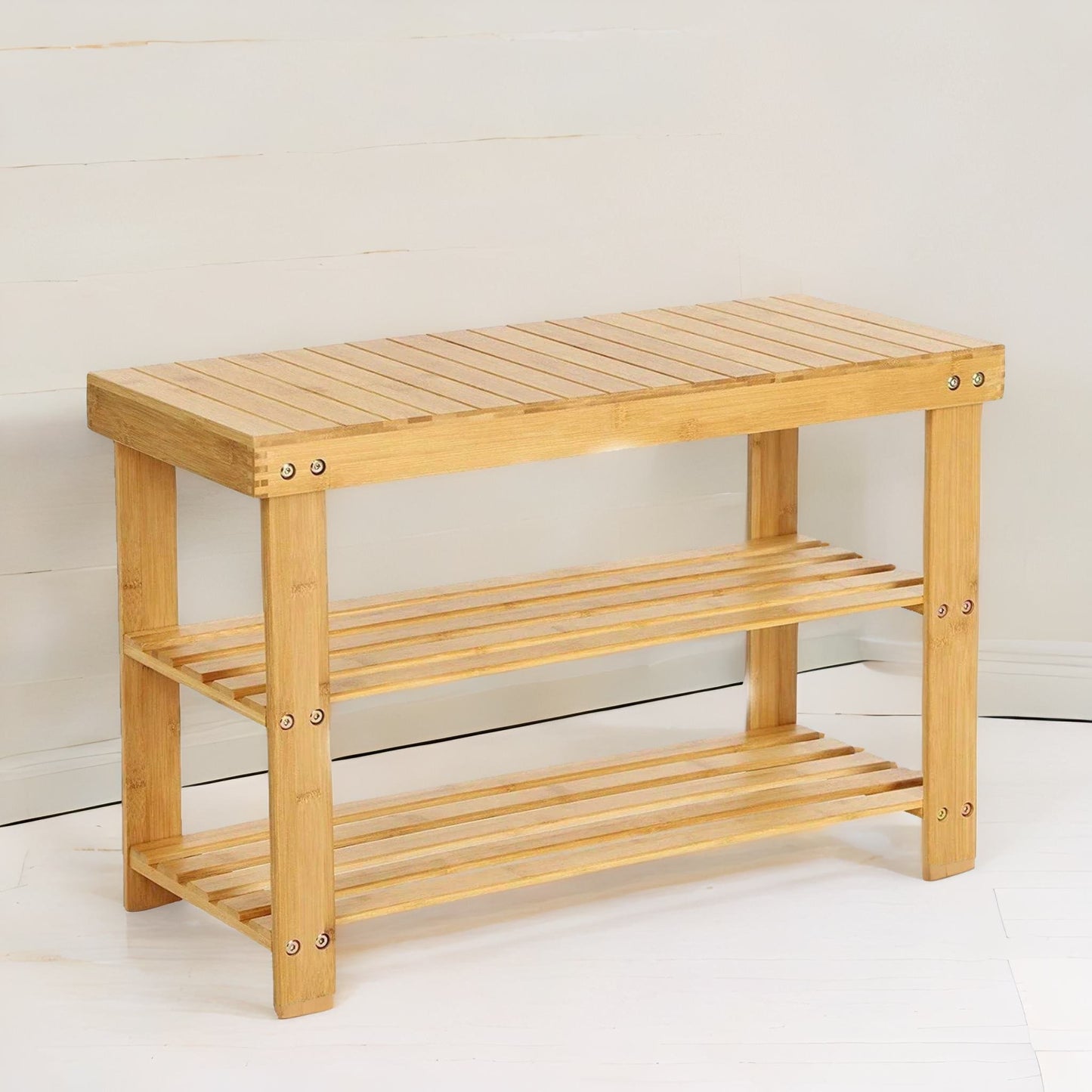 bamboo 2 tier shoe storage bench