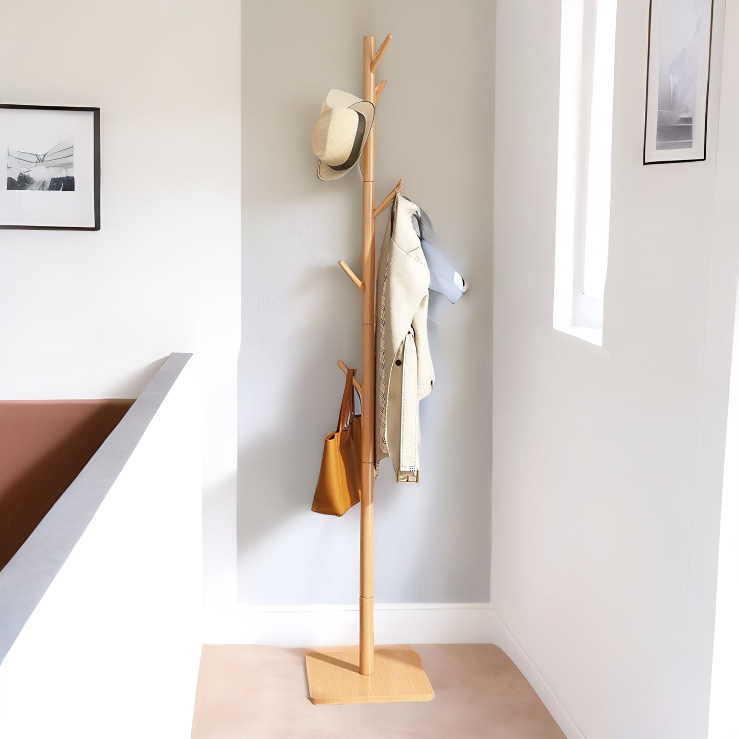 wooden 8 hook coat stand with square base