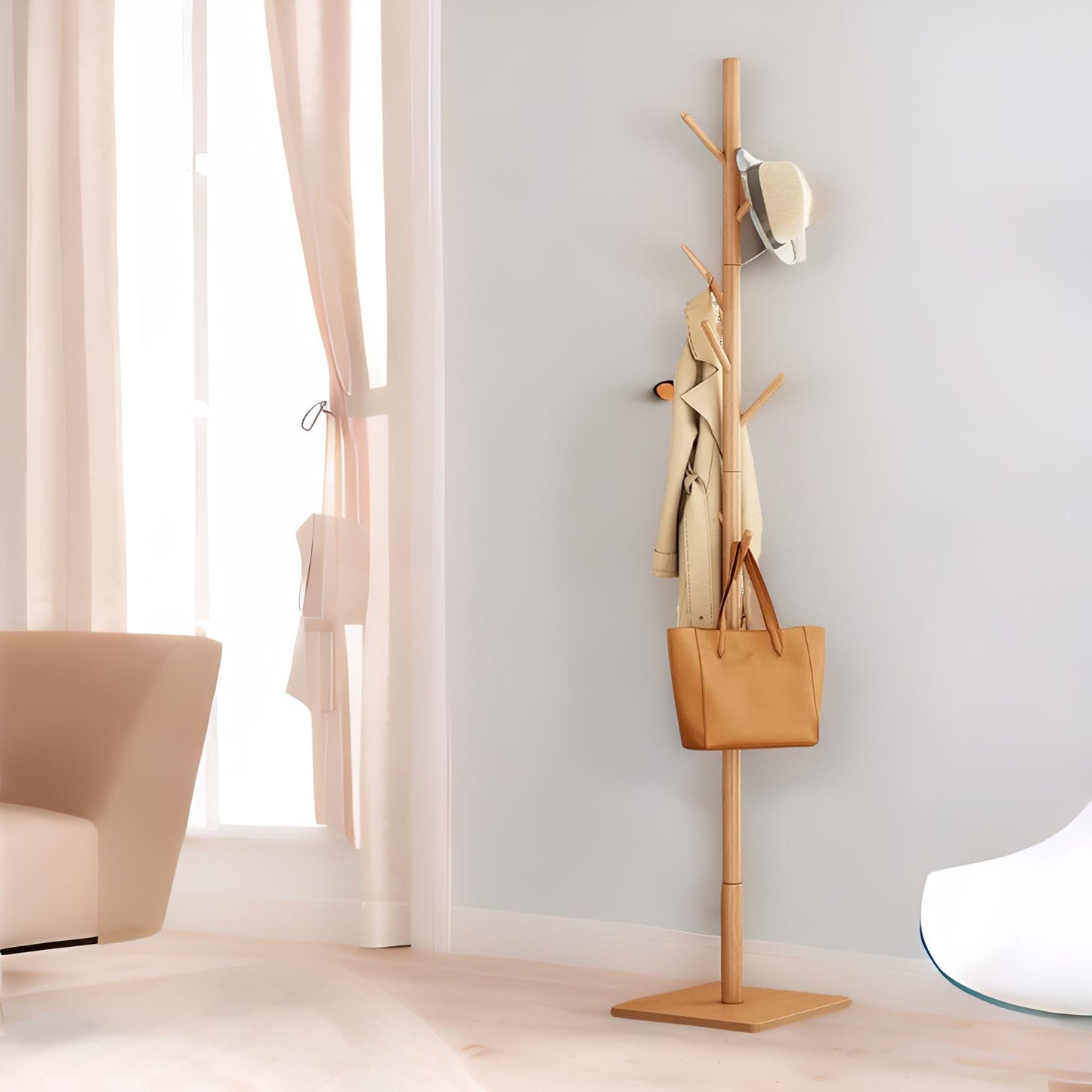 wooden 8 hook coat stand with square base