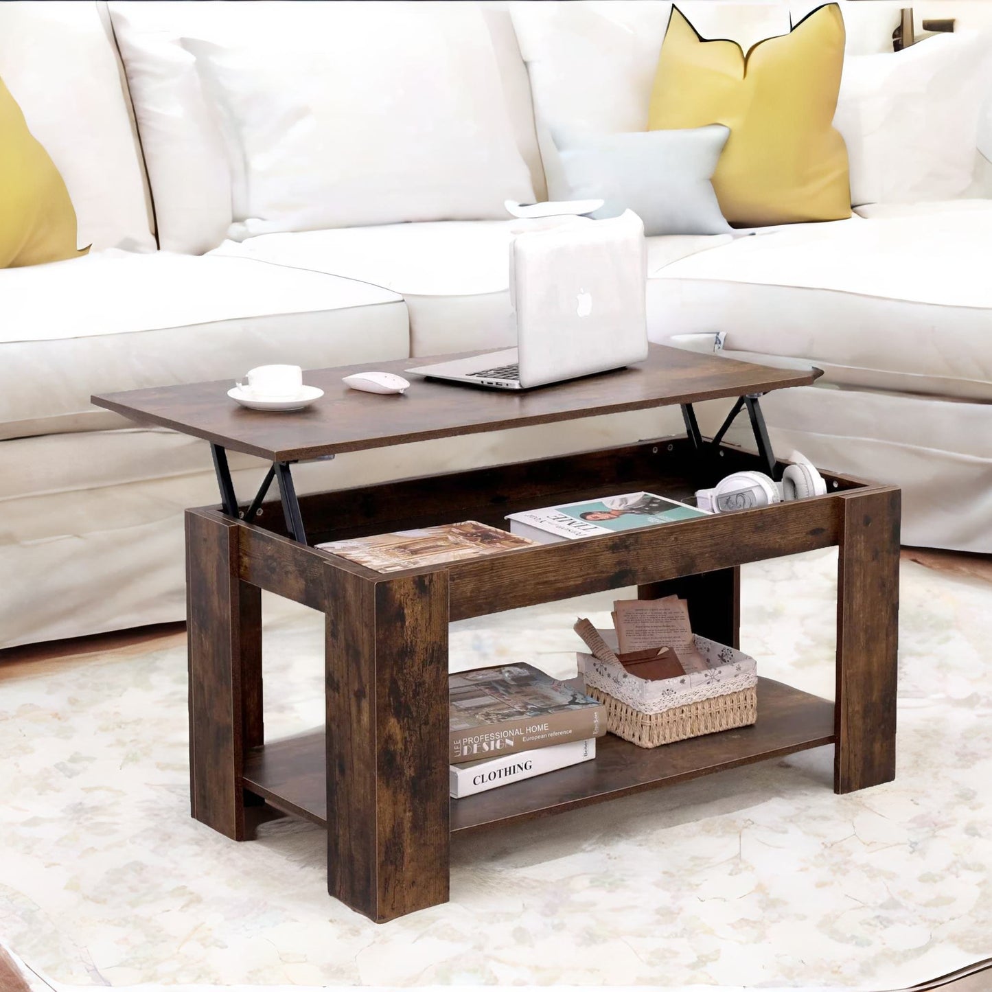 industrial brown lift top coffee table with hidden storage