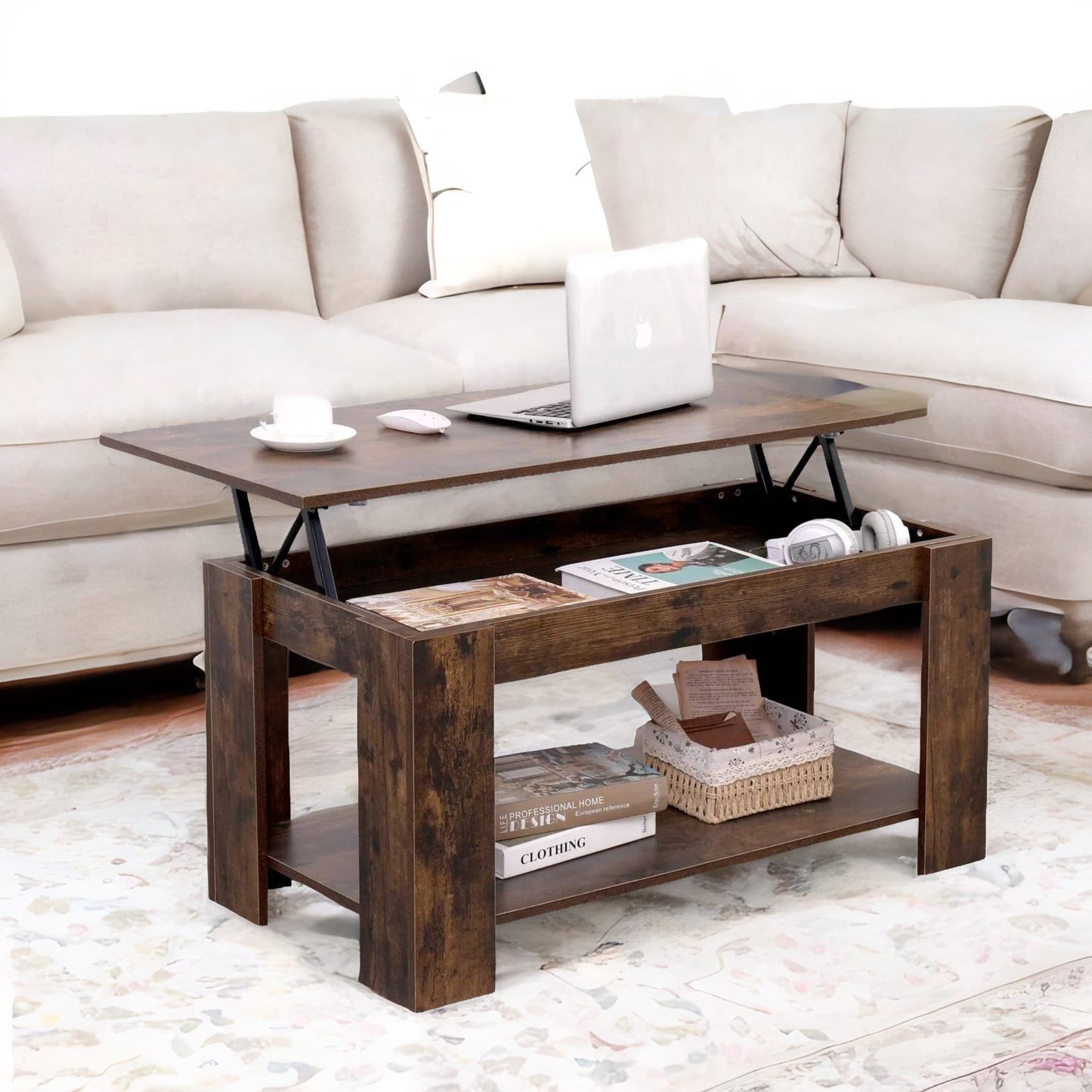 industrial brown lift top coffee table with hidden storage