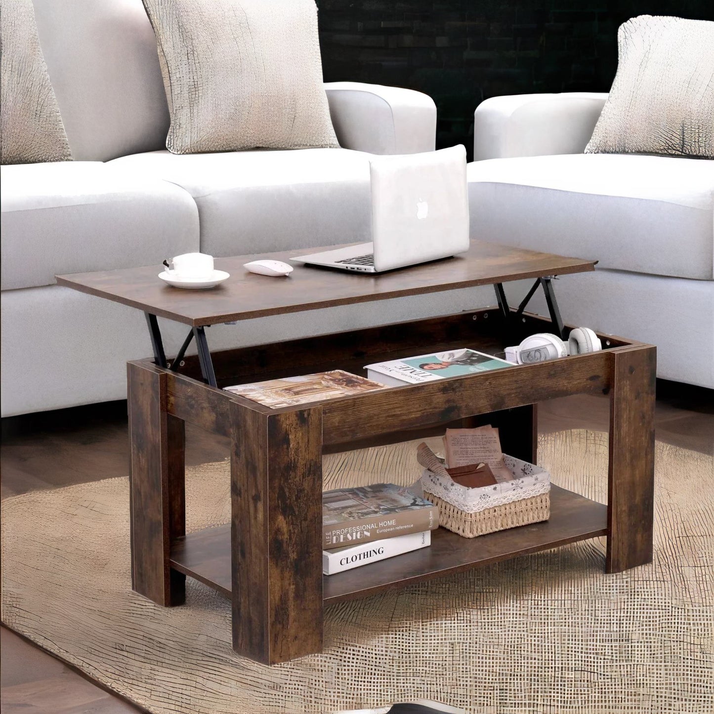 industrial brown lift top coffee table with hidden storage