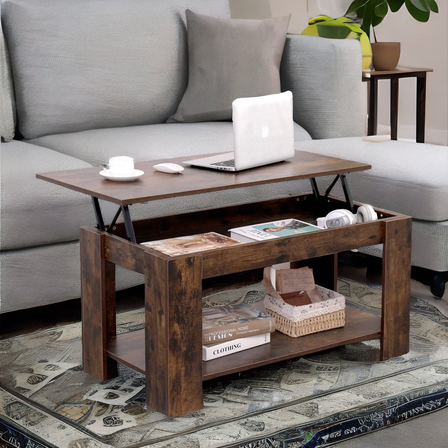 industrial brown lift top coffee table with hidden storage