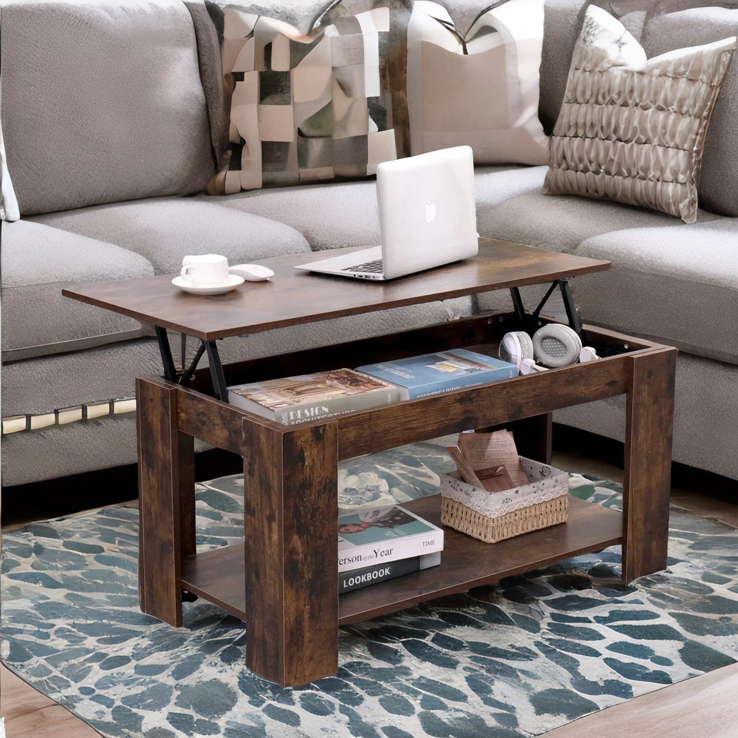 industrial brown lift top coffee table with hidden storage