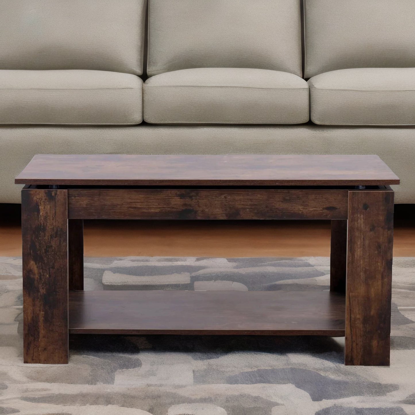 industrial brown lift top coffee table with hidden storage