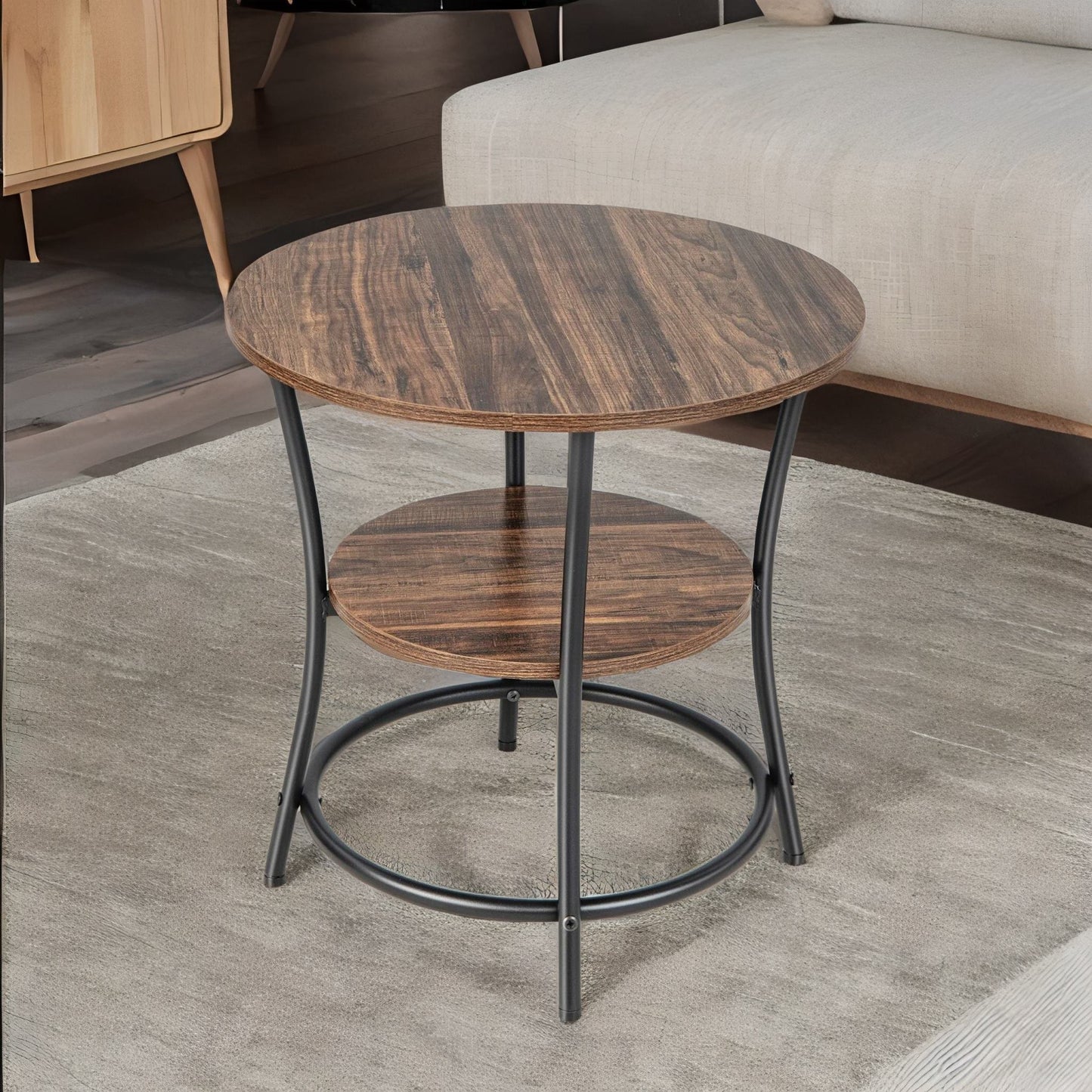 industrial round coffee table with 2 shelves