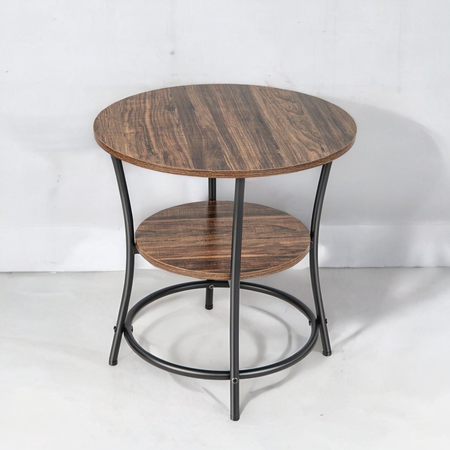 industrial round coffee table with 2 shelves