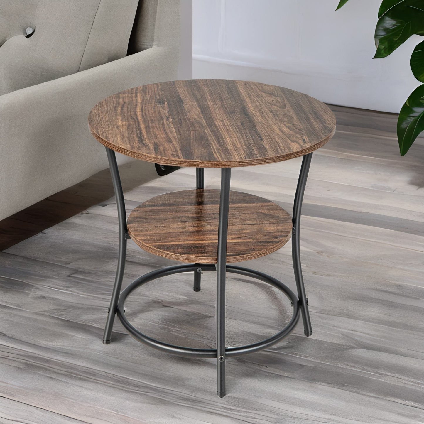 industrial round coffee table with 2 shelves