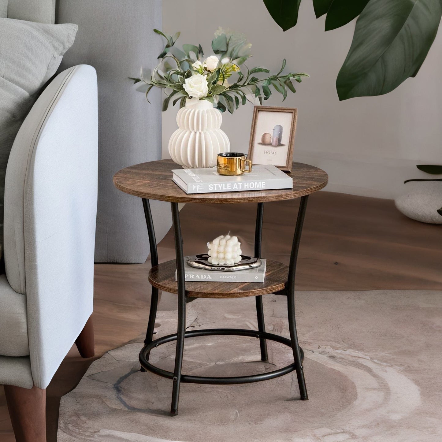 industrial round coffee table with 2 shelves