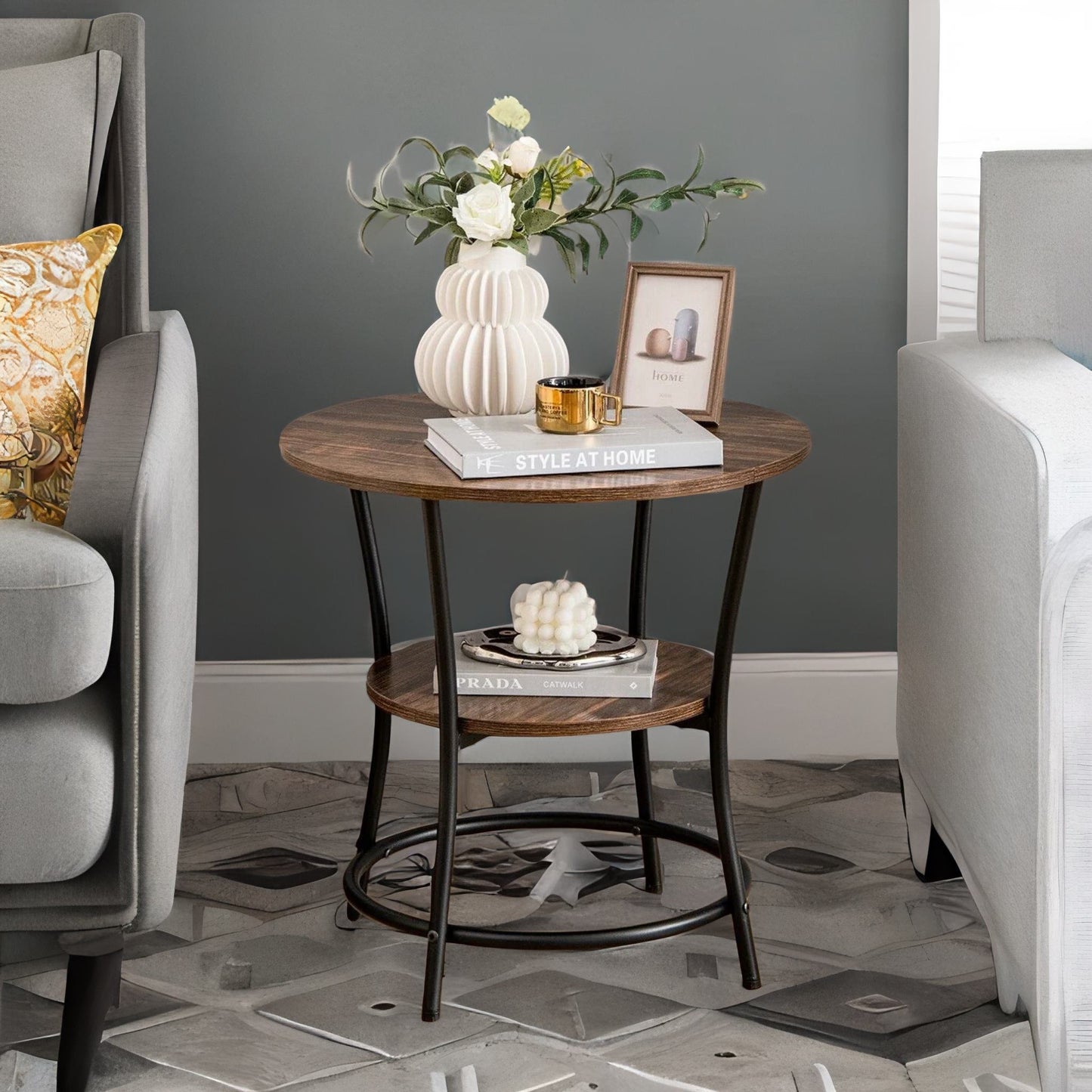 industrial round coffee table with 2 shelves