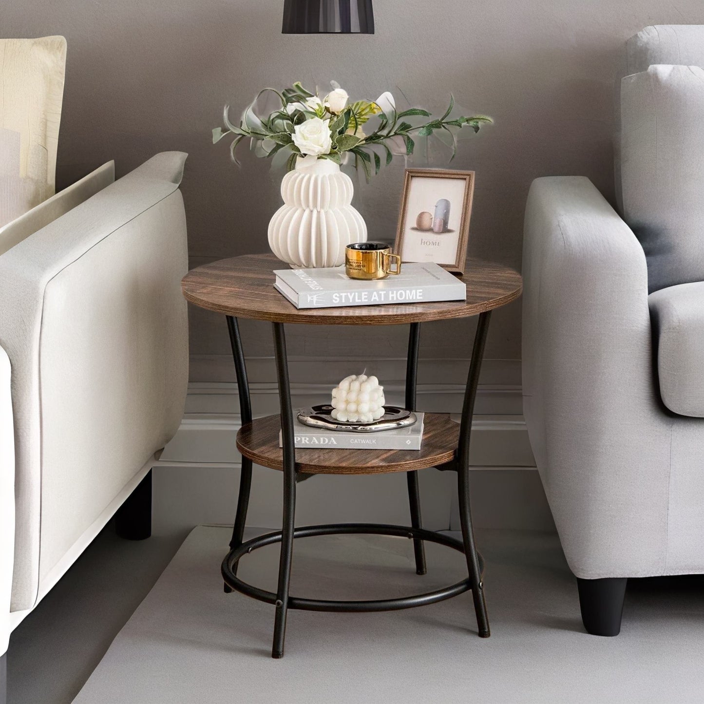 industrial round coffee table with 2 shelves