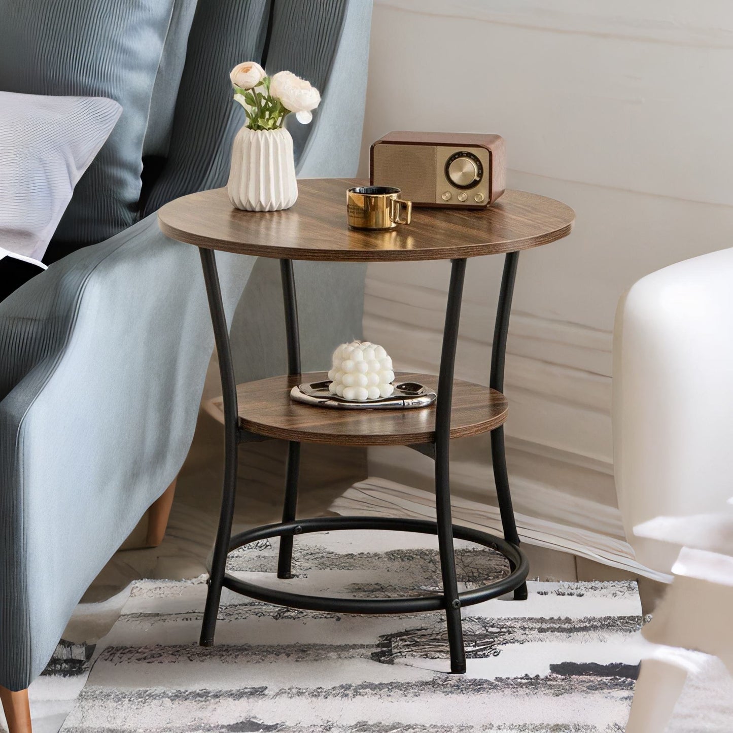 industrial round coffee table with 2 shelves