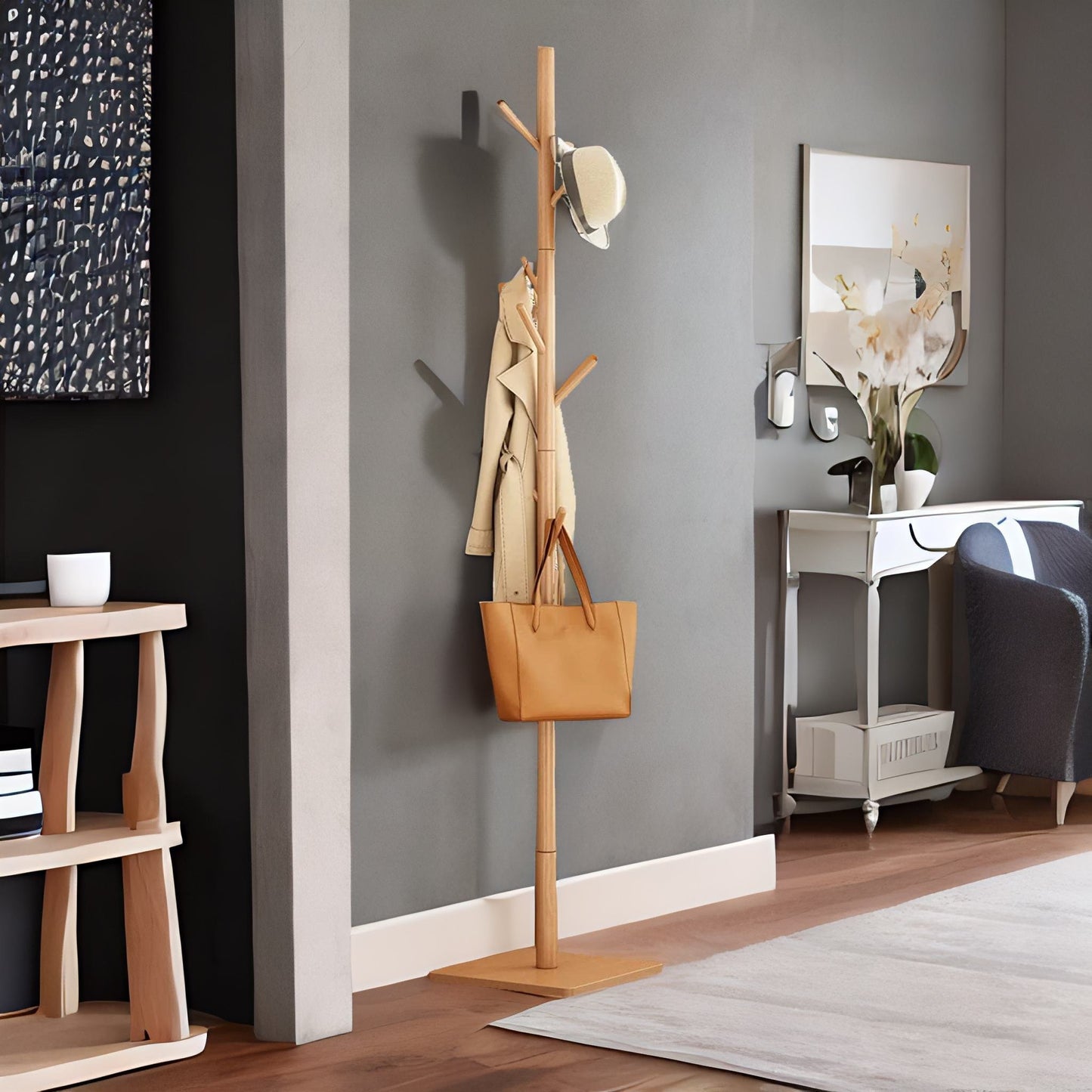 wooden 8 hook coat stand with square base