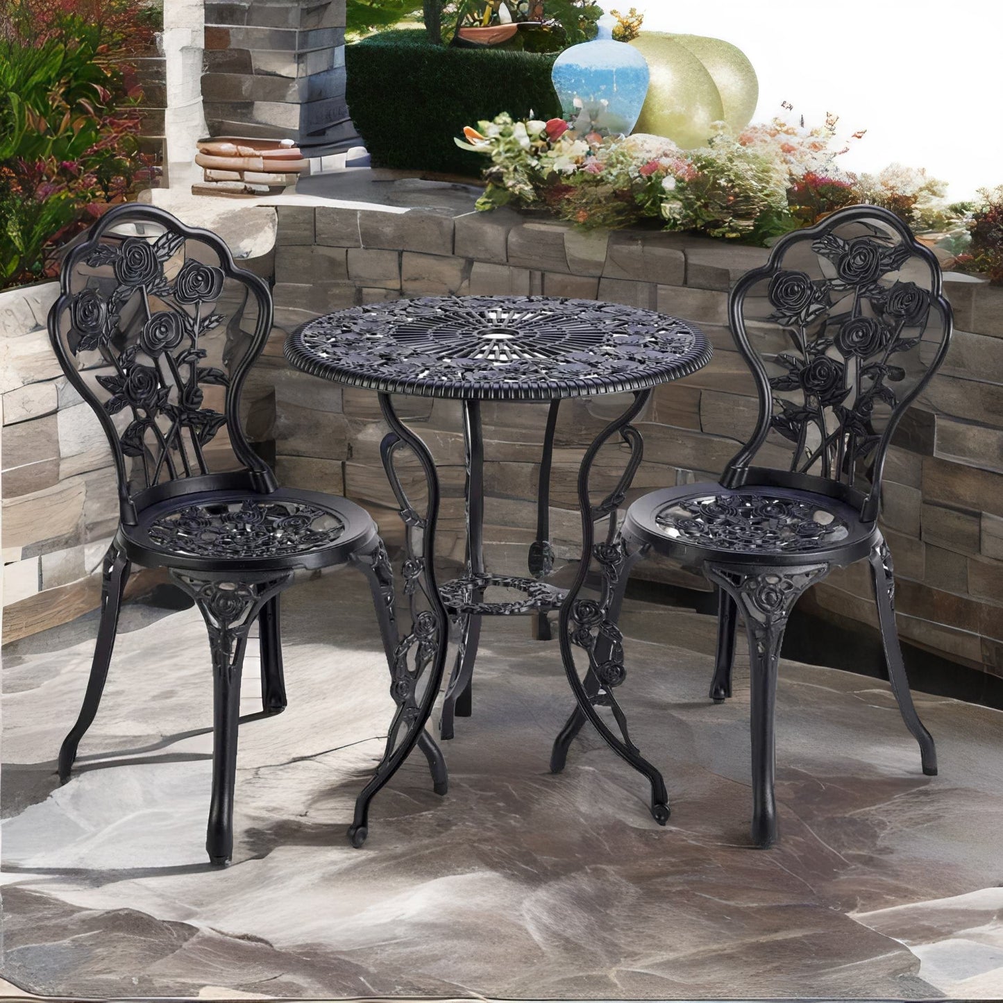 set of 3 cast iron bistro table and chair