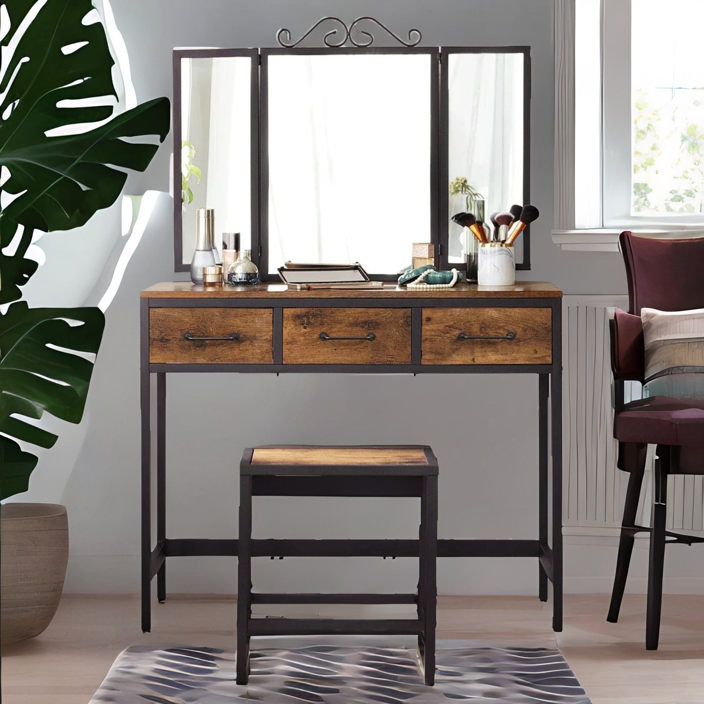 industrial rustic brown dressing table with mirror and stool